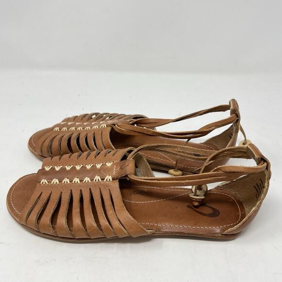 OLUKAI Hikina Brown Leather Strappy Flat Sandals Women's Size 6 Huarache Beach - Picture 5 of 9